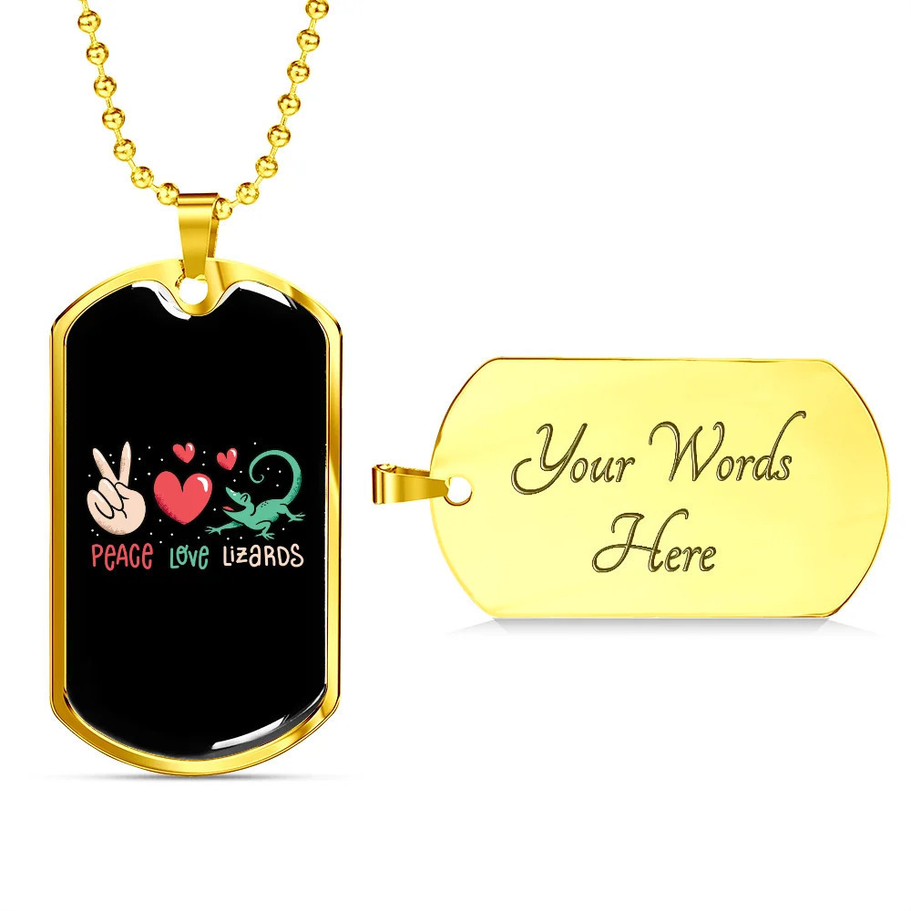 Reptile Necklace Peace With Lizards Personalized Engraved Gold Dog Tag Necklace